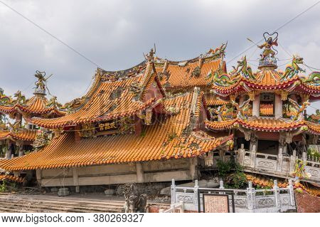 Nantou, Jiji, Taiwan - September 14th, 2019: aerial view of ruins of Wuchanggong temple when earthquake at september 21, 1999