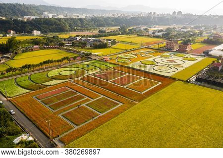 Daxi, Taiwan - November 14th, 2019: aerial view of garden in Daxi event of Taoyuan Flower Festival in Taoyuan, Taiwan, Asia