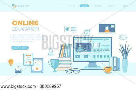 Online Education E-learning Online Training, Courses, Exams, Testing. Monitor Screen With Video Tuto