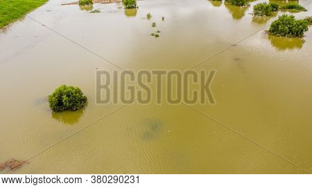 Aerial View Of Trees Submerged In Water From Flooded River After Torrential Monsoon Rains.