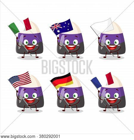 Blue Candy Corn Cartoon Character Bring The Flags Of Various Countries