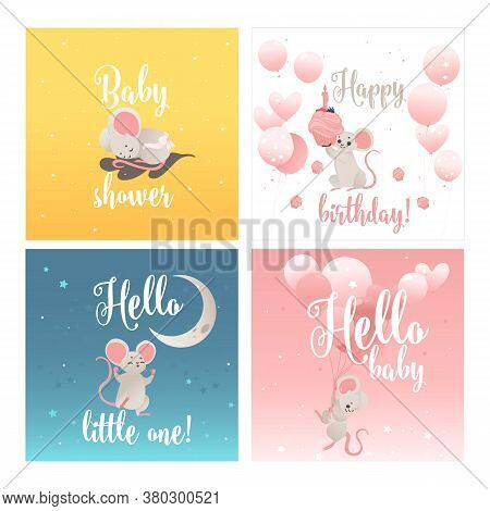 Baby Shower Cards Set With Cute Funny Mouse Cartoon Vector Illustration.
