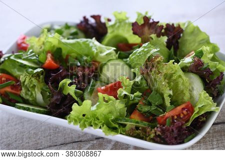 Vegetarian Food. Detox Vegetable Salad - Lettuce, Tomato, Cucumber Seasoned Lemon-olive Gravy. A Dis