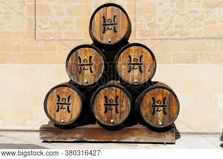 Haro, Spain - August 6, 2020: Old Oak Barrels In Lopez Heredia Winery