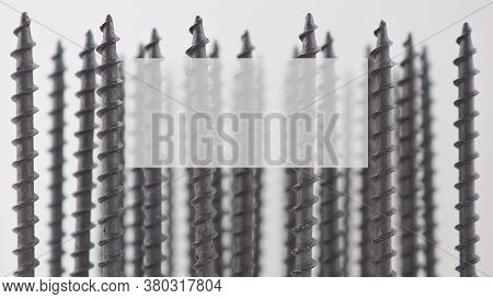 Background Of Self-tapping Screws, Black And Long, Standing Upright. Copy-space. Reduced Contrast. H