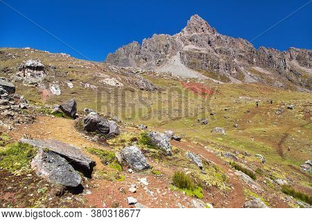 Ausangate Trek Trekking Trail With Two Tourists, Ausangate Circuit, Cordillera Vilcanota, Cuzco Regi