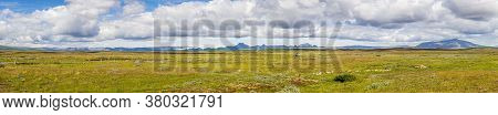 Panoramic View About Wide Southern Iceland Veld In Summer During Daytime