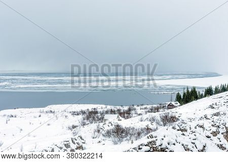 Picturesque Winter Landscape View Of Thingvellir In Iceland. Aereal Winter Landscape View Of Thingve