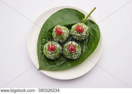 Paan Coconut Laddu Is Indian Sweet Made Using Betel Leaves And Nariyal