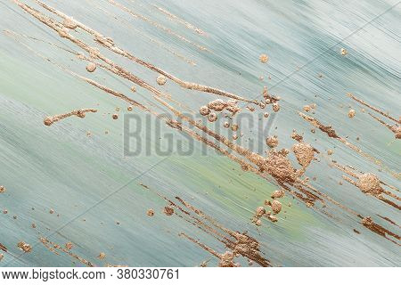 Gold Potal Brush Strokes And Stains. Greenish Marble Background Or Texture