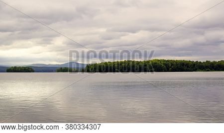 Forest Lake Trees Landscape.beautiful Purple Sunset On Lake Uvildy, Southern Urals (chelyabinsk Regi