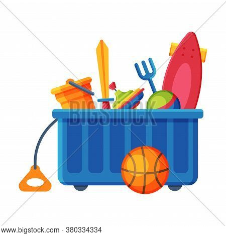 Box With Various Colorful Toys, Plastic Container With Scateboard, Ball, Sword, Whirligig, Ball Flat