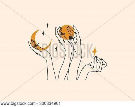 Hand Drawn Vector Abstract Stock Flat Graphic Illustration With Logo Elements , Woman Fashion Magic 
