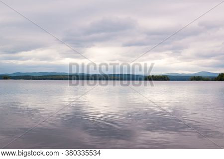 Forest Lake Trees Landscape.beautiful Purple Sunset On Lake Uvildy, Southern Urals (chelyabinsk Regi