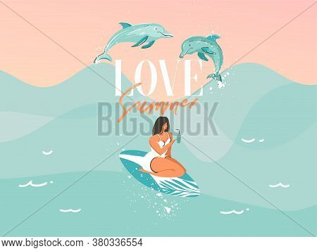 Hand Drawn Vector Stock Abstract Graphic Illustration With A Swimsuit Swimming Surfing Woman With A 