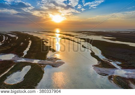 Aerial View Of Autumn Steppe On The Island At Sunset, Aerial View Of Dzharylgach Island In Autumn, A