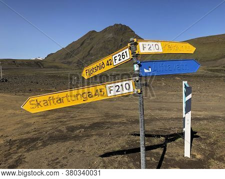 Katla, Iceland, July 2019: Directional Road Sings To Skaftartunga, Fljotshlid, Keldur And Alftavatn