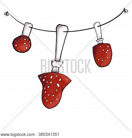 Mushrooms On Rope Composition. Set Of Redcap Fly Agarics Hanging Upside Down On Thread To Dry As Gar