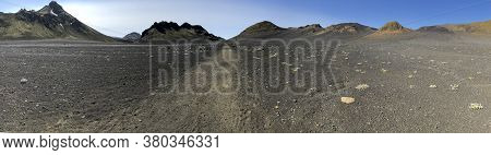 Black Volcanic Landscape In Katla Nature Reserve On Laugavegur Hiking Trail In Iceland. Panorama.