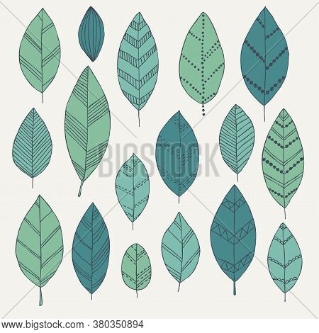 Set Of Doodle Isolated Vintage Leaves Doodle. Design Background Greeting Cards And Invitations To Th