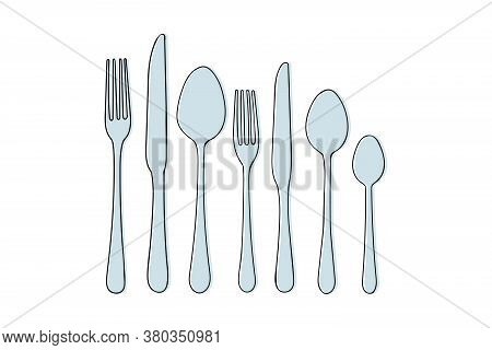 Set Of Cutlery Knife, Fork, Spoon Vector Doodle Icons. Isolated On White Background. Design For Menu