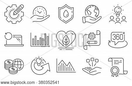 Set Of Science Icons, Such As Blood Donation, Cogwheel Blueprint. Diploma, Ideas, Save Planet. Share