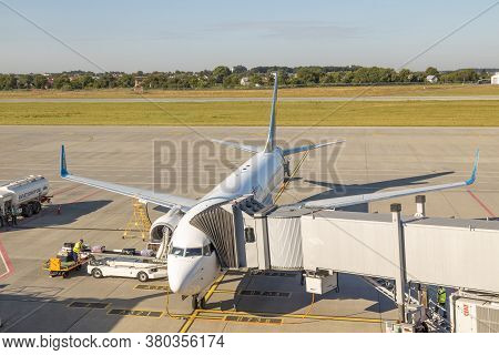 Lviv, Ukraine - 09 Aug 2020: Mau International  Plane Unloads Baggage At The Lviv Lwo Danylo Halytsk
