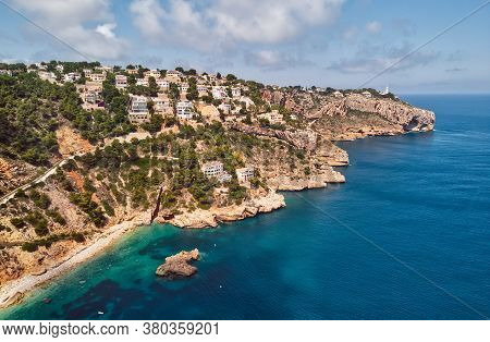 Aerial Drone Point Of View Picturesque Turquoise Bay Green Water Lagoon Of Mediterranean Sea Rocky C