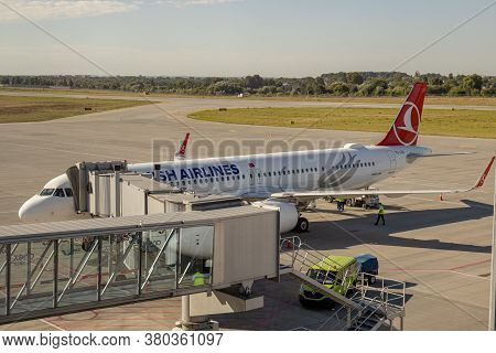 Lviv, Ukraine - 09 Aug 2020: Turkish Airlines Passenger Plane Boards Up Passengers At The Lviv Lwo D