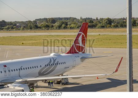 Lviv, Ukraine - 09 Aug 2020: Turkish Airlines Passenger Plane Uboards Up Passengers At The Lviv Lwo 