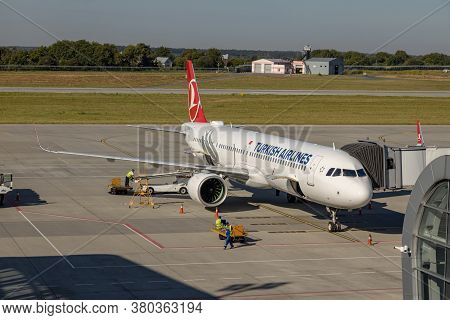 Lviv, Ukraine - 09 Aug 2020: Turkish Airlines Passenger Plane Unloads Baggage At The Lviv Lwo Danylo