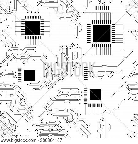 Microcircuit. Abstract Techno Background. Seamless Pattern. Black And White.