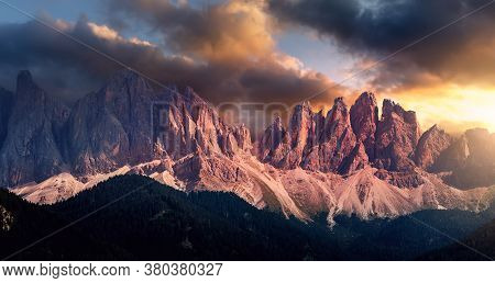 Awesome Landscape With Colorful Sky Over The Odle Group Or Geisler Dolomites Mountains. Wonderful Pi