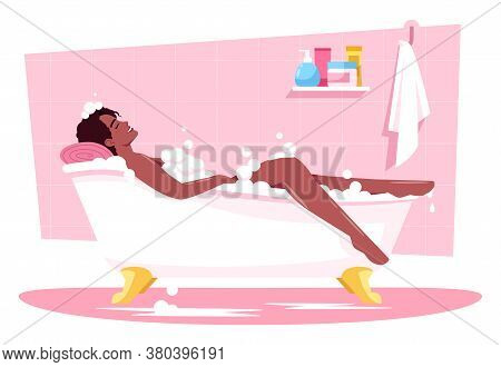 Woman Bathing Semi Flat Rgb Color Vector Illustration. Evening Pampering And Relaxation. Bathroom Re
