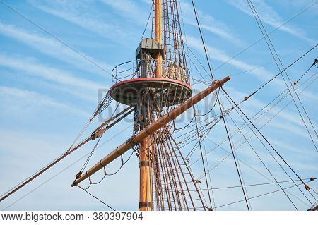 Sailing Mast Of Ship. Sailing Vessel Main Topgallant Mast With Crows Nest. Old Frigate Warship