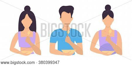 Vector Illustration Of People Who Eat. Waist-length Portrait Of A Man, A Woman And A Pregnant Woman.