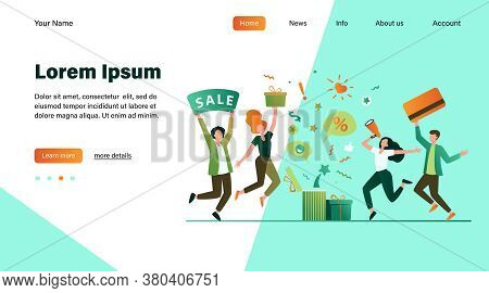 Customers Celebrating Sale. People Holding Gift, Credit Card, Loudspeaker, Dancing, Having Fun. Vect