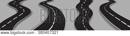 Winding Roads, Black Asphalt Highways With White Marking. Vector Realistic Set Of Curved Car Ways Or