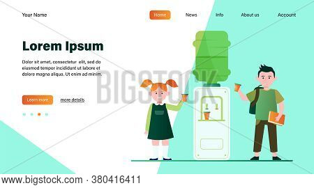 Happy Children Drinking Water At Cooler. Students, Boy And Girl, School Hallway Flat Vector Illustra