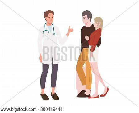 Couple Visit A Doctor Young People Cartoon Character Design Flat Vector Illustration Isolated On Whi