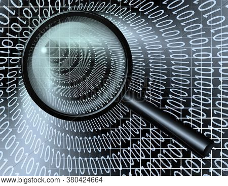 Internet Search. Binary code stream and magnify glass. 3D rendering