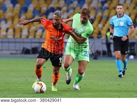Kyiv, Ukraine - August 5, 2020: Marlos Of Shakhtar Donetsk (l) Fights For A Ball With Marin Pongraci