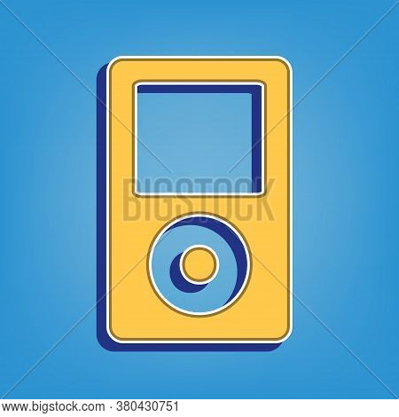 Portable Music Device. Golden Icon With White Contour At Light Blue Background. Illustration.