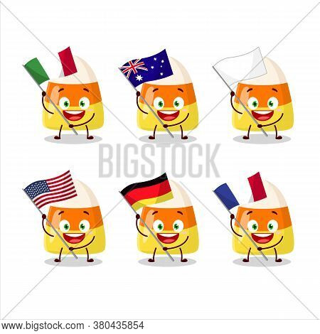 Candy Corn Cartoon Character Bring The Flags Of Various Countries