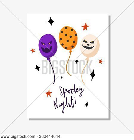 Halloween Cartoon Greeting Card Or Nursery Poster - Creepy Festive Balloons With Scary Faces On Whit
