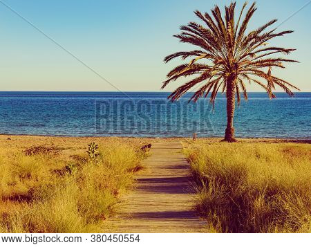 Percheles Beach, Murcia Region Spain. Mazarron Bay. Coastal Landscape With Palm Trees And Wooden Pat