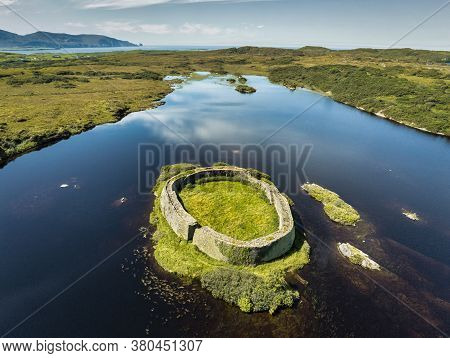 An Aerial View Of Doon Ring Fort On An Island In Doon Lake On The West Coast Of Donegal Ireland