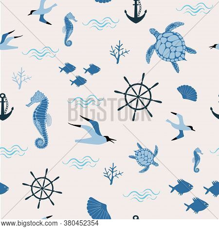 Seamless Vector Pattern With Sea Elements - Seagall, Fish, Seahorse, Steering Wheel, Shell, Anchor