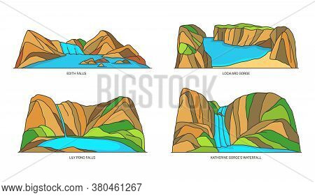 Set Of Australia Nature Landmarks, Lake, Waterfall