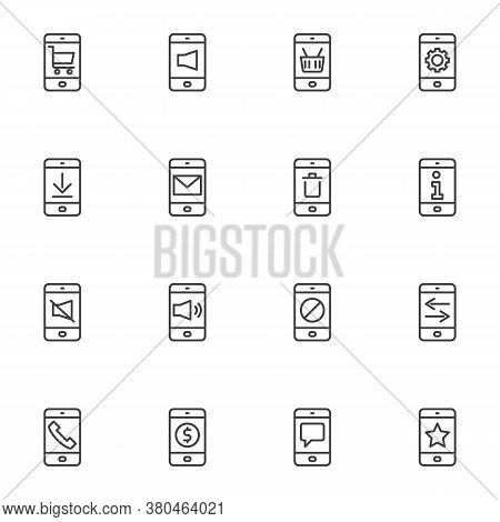 Mobile Phone Ui Line Icons Set, Smartphone Interface Screen Outline Vector Symbol Collection, Linear